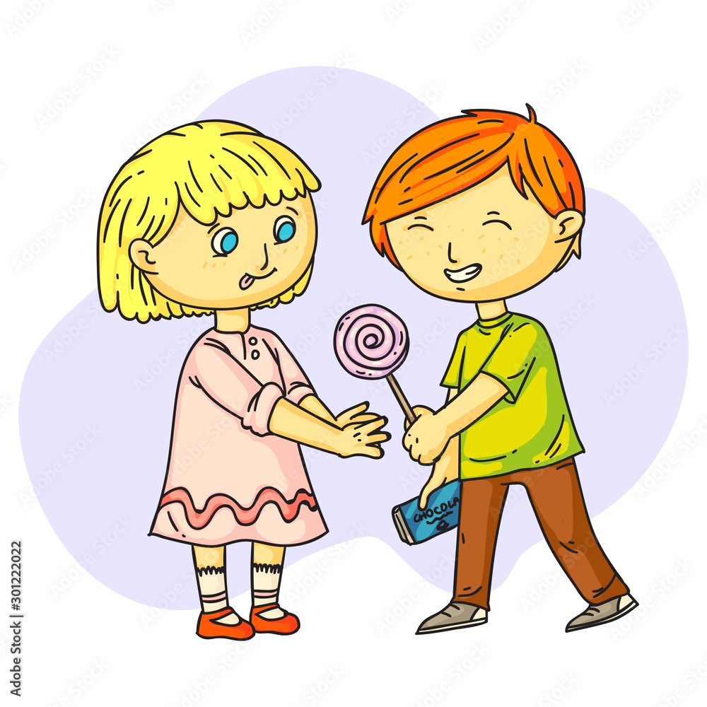 Cute smiling boy sharing sweets with happy girl Cute smiling boy sharing sweets with happy girl