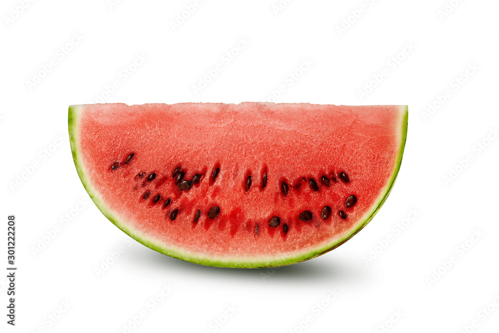 Slice of a watermelon isolated on white with copy space for text, images. Cross-section. Berry with pink flesh, black seeds. Side view. Close-up. Slice of a watermelon isolated on white with copy space for text, images. Cross-section. Berry with pink flesh, black seeds. Side view. Close-up.