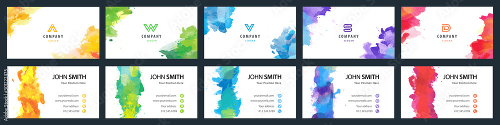 Big set of bright colorful business card template with vector watercolor background