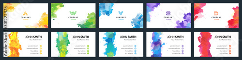Big set of bright colorful business card template with vector watercolor background