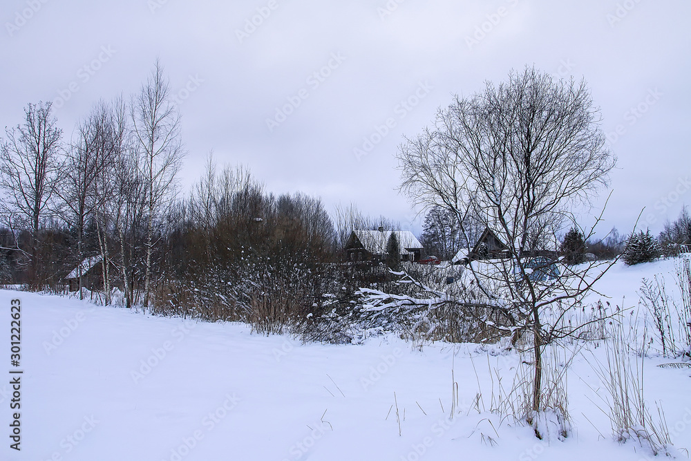 Beautiful winter landscape with rural house buildings and trees in snow Beautiful winter landscape with rural house buildings and trees in snow