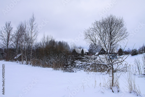 Beautiful winter landscape with rural house buildings and trees in snow