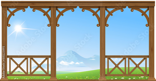 Wooden porch hills and mountains