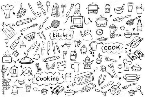 Fotobehang Set of doodle kitchen tools on white background