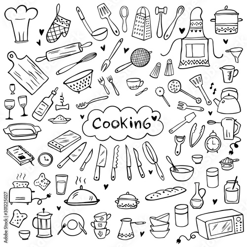 Set of doodle kitchen tools on white. Vector illustration. Perfect for wallpaper, pattern fills, textile, web page background, surface textures.