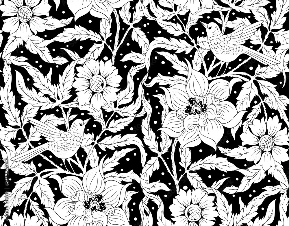 Floral Seamless pattern, background with bird In art nouveau style, vintage, old, retro style. Black and white graphics. Vector illustration.