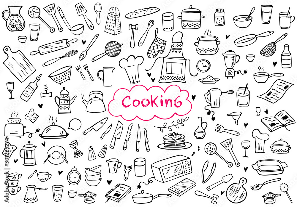 Photographie Set of doodle kitchen tools on white background