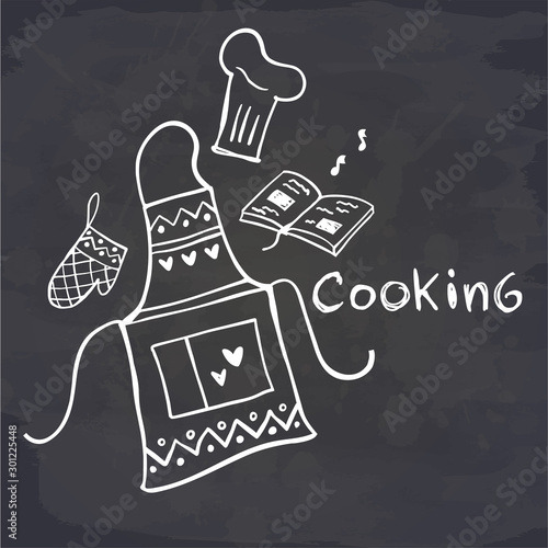 Cooking poster. Poster with chef hat, apron, oven mitts and book of recipes hand drawn on chalk board. Vector illustration.