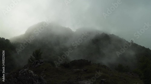 Steadicam Shot of Green vegetation on mountains or valley of Estaens, in Basque country, France. Big clouds on top, French countryside forest in 4K UHD. Hiking, foggy cloudy sky, misty fir trees.