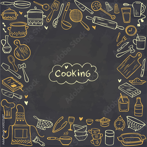 Frame from doodle kitchen tools on chalkboard. Vector illustration. Perfect for wallpaper, pattern fills, textile, web page background, surface textures.