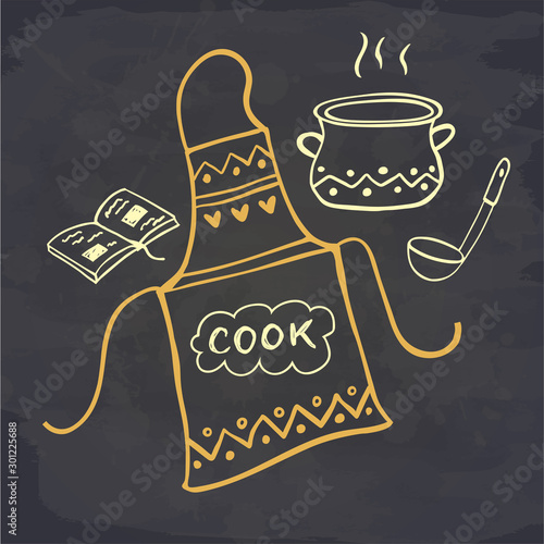 Cooking poster. Poster with kitchen utensils, apron and book of recipes hand drawn on chalk board. Vector illustration.