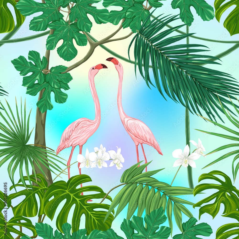 Fototapeta premium Seamless pattern, background. with tropical plants and flowers with white orchid and tropical birds on sky blue background. Colored vector illustration .