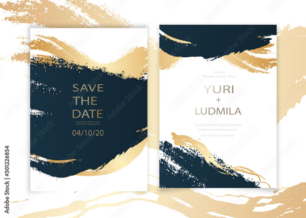 invitation cards with luxurious gold and dark blue marble background texture and abstract ocean style vector template for wedding, new year, events. - obrazy, fototapety, plakaty 