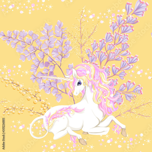 Seamless pattern  background with unicorn and fantsatic flowers and glitter. Vector illustration. In pink and yellow colors.