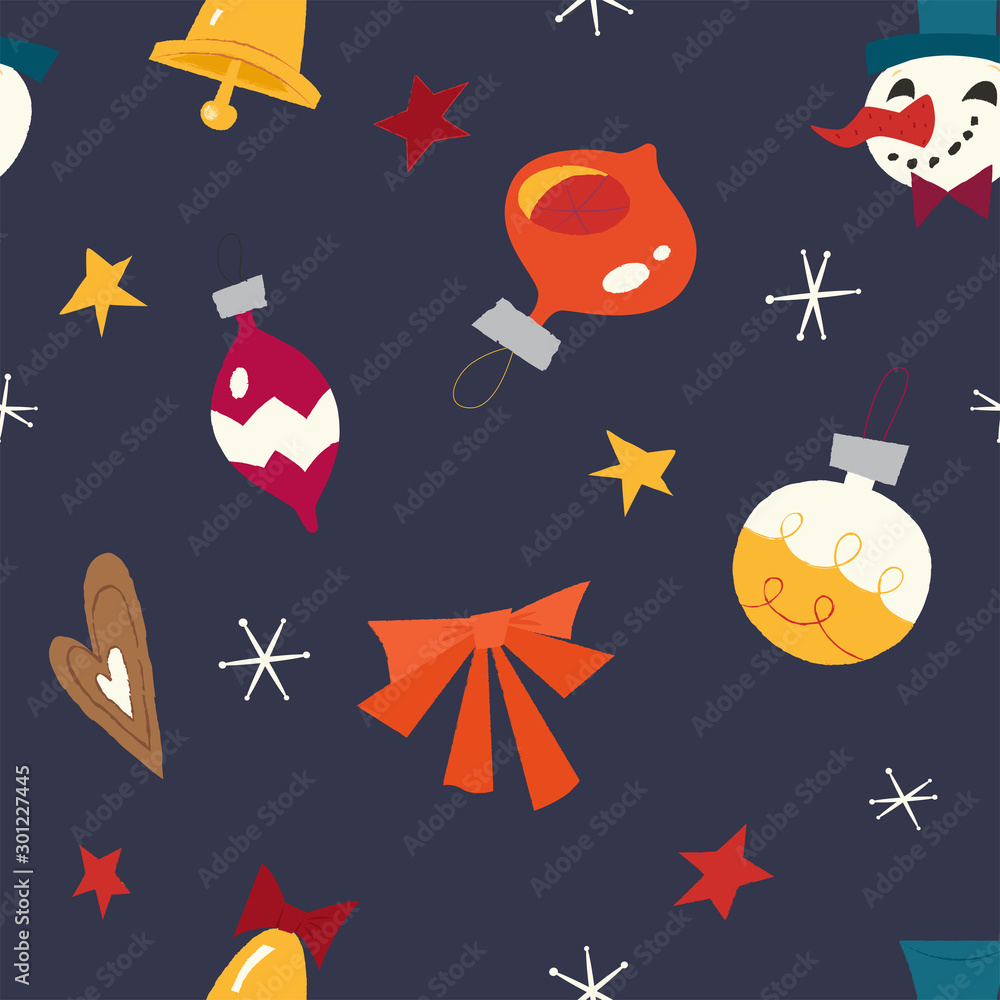 Christmas pattern with balls, bows, stars, gingerbread house and snowflakes. Background for gift wrapping. Christmas pattern with balls, bows, stars, gingerbread house and snowflakes. Background for gift wrapping.