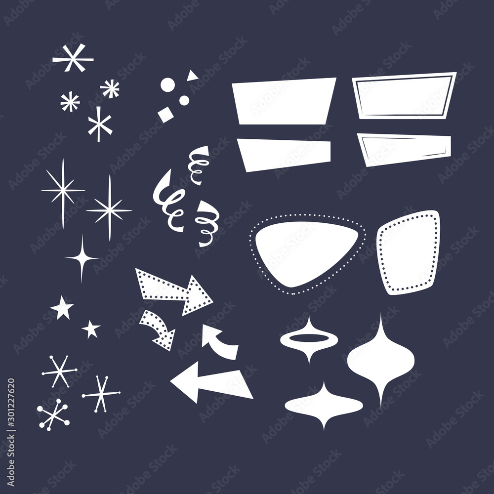 Geometric shapes in the style of the 50s: arrows, rhombuses, lines, clouds, stars, snowflakes, triangles. Overlays, comic style forms.