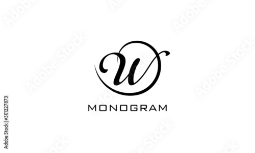 Monogram. Typographic logo with capital letter W. Icon lettering style with decorative swirl in black isolated on light background.