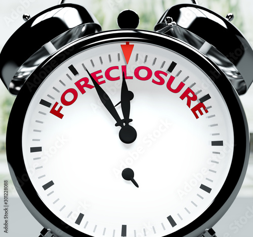 Foreclosure soon, almost there, in short time - a clock symbolizes a reminder that Foreclosure is near, will happen and finish quickly in a little while, 3d illustration photo