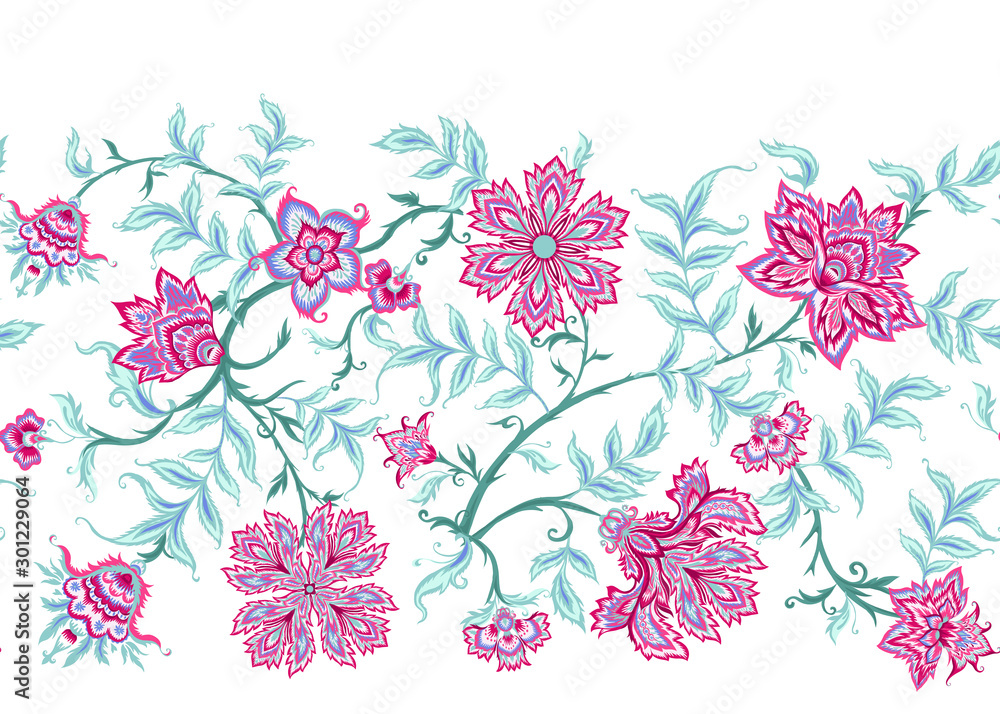 Ethnic seamless pattern in kalamkari style, fantasy floral pattern. Colored vector illustration without gradients and transparency. Isolated on white background. Ethnic seamless pattern in kalamkari style, fantasy floral pattern. Colored vector illustration without gradients and transparency. Isolated on white background.