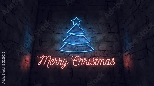 Bright neon sign with christmas tree on a drunge wall.