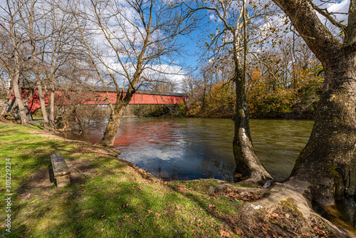 Tulpehocken Creek is spanned by Wertz "Red" Covered Bridge in Reading, Pennsylvania