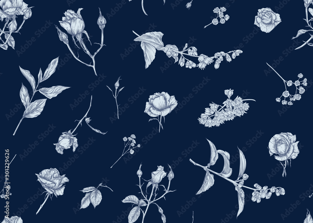 Roses and spring flowers seamless pattern. Graphic drawing, engraving style. Vector illustration. Roses and spring flowers seamless pattern. Graphic drawing, engraving style. Vector illustration.