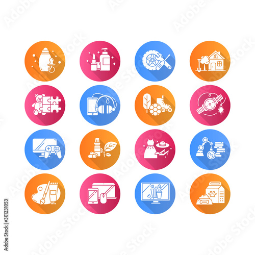 E commerce departments flat design long shadow glyph icons set. Online shopping categories. Beauty and personal care. Fashion, jewelry. Auto parts. Sports and outdoors. Vector silhouette illustration