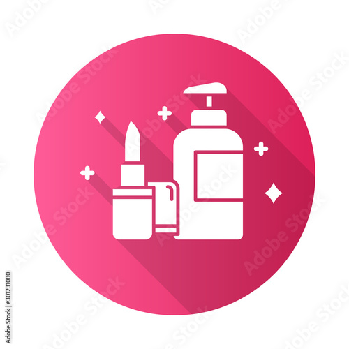 Beauty and personal care pink flat design long shadow glyph icon. Makeup products. Decorative cosmetics concept. E commerce department, online shopping categories. Vector silhouette illustration