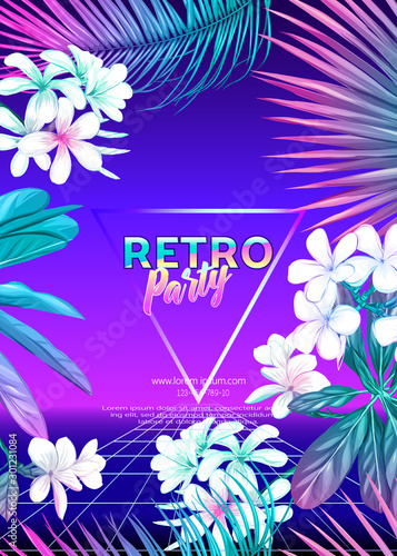 ..Retro Futurism. Vector futuristic synth wave illustration. Rave party Flyer design template, background with tropical plants in 1980s style. 80s Retro poster, retrowave