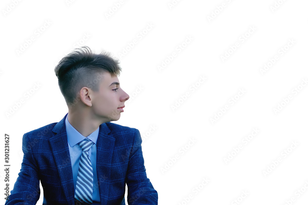 Portrait of a face in profile of a young man in a stylish blue suit isolated on a white background Portrait of a face in profile of a young man in a stylish blue suit isolated on a white background