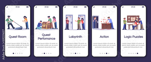 Escape room onboarding mobile app screen vector template. Quest room, logic puzzle, labyrinth. Walkthrough website steps with flat characters. UX, UI, GUI smartphone cartoon interface concept