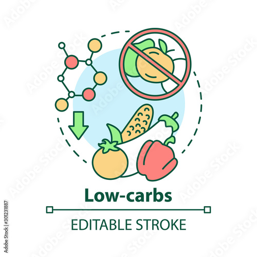 Low carbs concept icon. Keto diet idea thin line illustration. Healthy meal. Ketogenic food. Carbohydrate nutrition. Fresh vegetables. Vector isolated outline drawing. Editable stroke