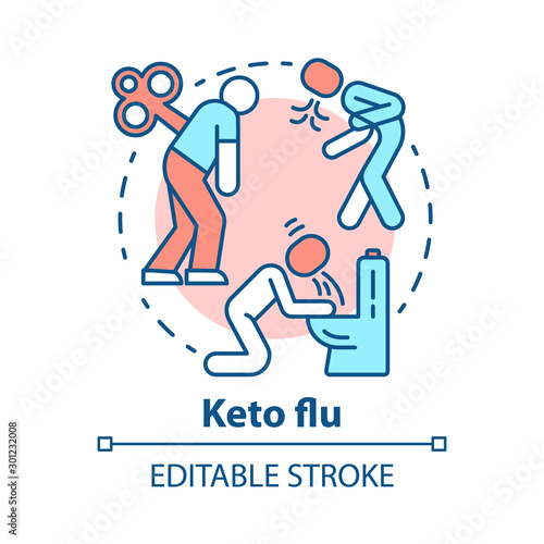 Keto flu concept icon. Ketogenic diet side effects idea thin line illustration. Carb withdrawal. Nausea, fatigue, pain. Disease symptoms. Vector isolated outline drawing. Editable stroke