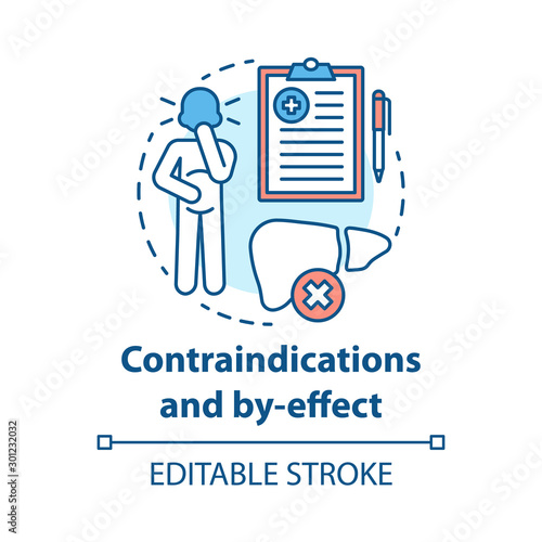 Contraindications and by effect concept icon. Keto diet idea thin line illustration. Ketogenic therapy. Treatment warning. Side symptoms. Vector isolated outline drawing. Editable stroke