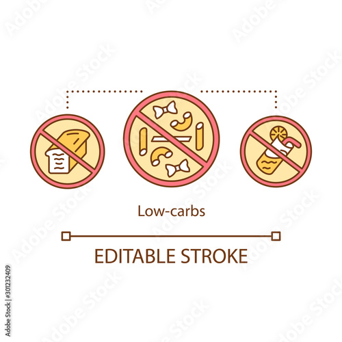 Low carbs diet concept icon. Keto dieting idea thin line illustration. Ketogenic food. Carbohydrate nutrition. Forbidden meal. Healthy lifestyle. Vector isolated outline drawing. Editable stroke