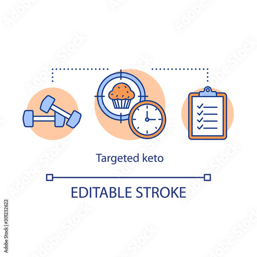 Targeted keto concept icon. Ketogenic food idea thin line illustration. Diet and workout. Unhealthy food and fitness. Sport, dumbbells. Vector isolated outline drawing. Editable stroke
