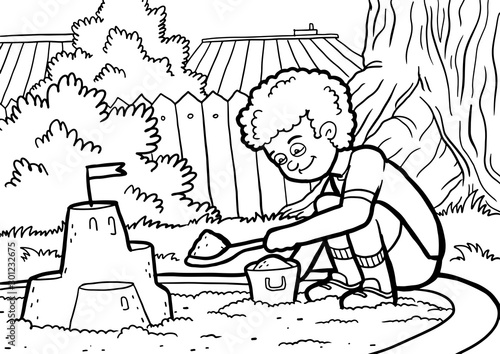 Small children playing in a sandbox on a playground in a park on a sunny summer day, black and white vector illustration in a cartoon style for a coloring book