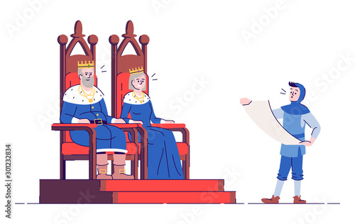 Medieval kingdom rulers on thrones and royal messenger flat vector illustration. King, queen and herald isolated cartoon characters with outline elements on white background. Middle ages