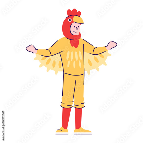 Man dressed in rooster costume flat vector illustration. Cartoon character with outline elements isolated on white background. Chicken carnival outfit. Person dressing like animal for Halloween