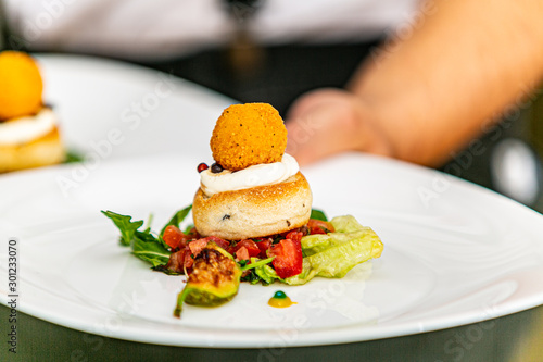 Modern food stylist decorating meal for presentation in restaurant. Closeup of food stylish. Restaurant serving. Close-up on the hand of a waiter carrying food