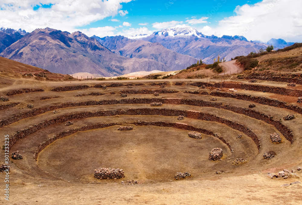 Amazing view of terraces of agriculture inca, with andes mountains behind.  In Sacred Valley, Perú