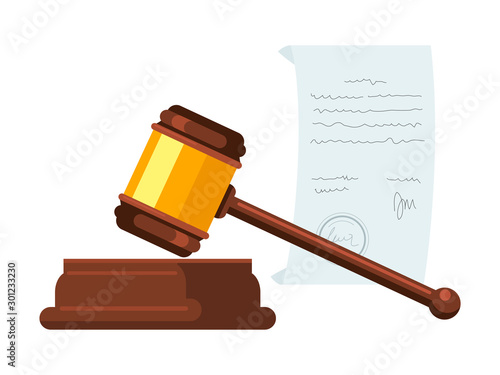 Wooden hammer, gavel flat vector illustration