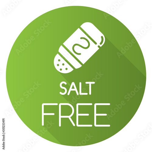 Salt free green flat design long shadow glyph icon. Organic food without sodium. Product free ingredient. Nutritious dietary. Natural meals for personal healthcare. Vector silhouette illustration