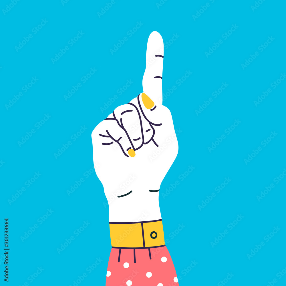 Number one. Hand gesture symbol. Hand with finger count. Counting by  bending fingers. Hand drawn colored trendy vector illustration. Cartoon  style. Flat design. Stock Vector | Adobe Stock