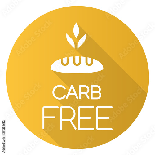 Carb free yellow flat design long shadow glyph icon. Organic food without added sweetener. Product free ingredient. Nutritious dietary, healthy eating. Vector silhouette illustration