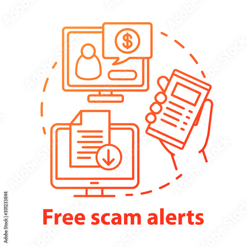 Free scam alerts concept icon. Information about financial criminal schemes. Cyber security advice. Tips about frauds idea thin line illustration. Vector isolated outline drawing
