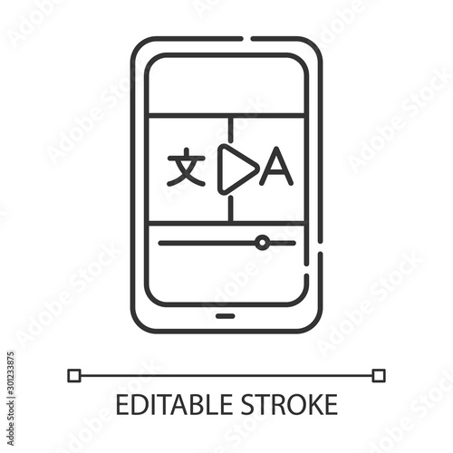 Video translation linear icon. Online dictionary app. Translation services. Visual media interpretation. Thin line illustration. Contour symbol. Vector isolated outline drawing. Editable stroke
