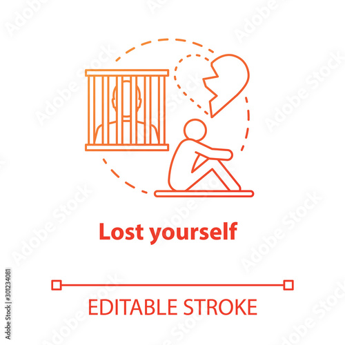 Lost yourself concept icon. Depression after breakup. Dependent relationship. Heartbroken. Feeling of hopelessness idea thin line illustration. Vector isolated outline drawing. Editable stroke