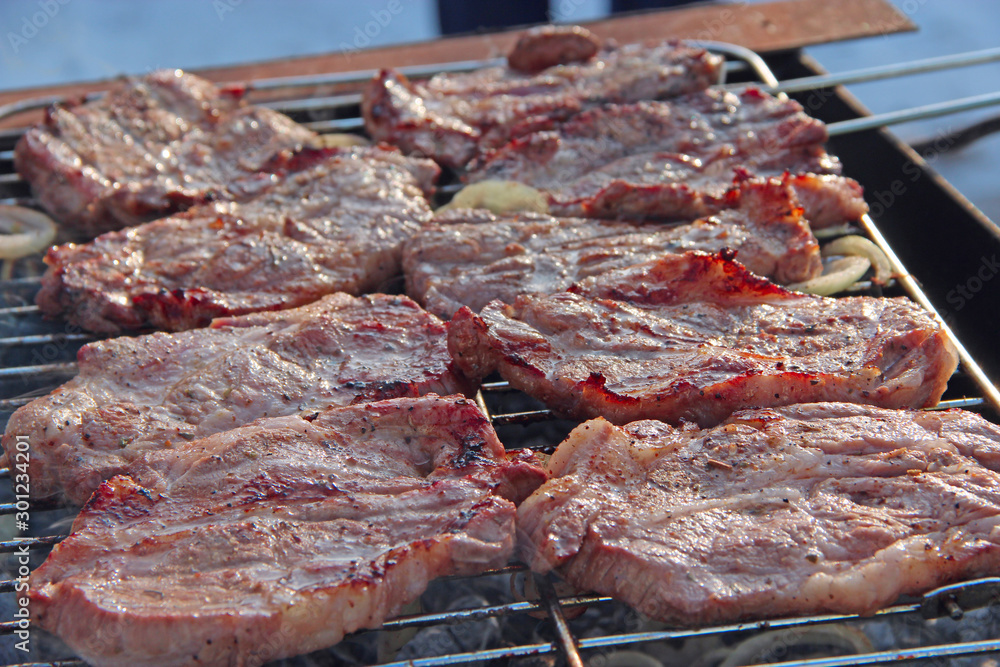 Chunks of meat with onions are cooked on barbecue. Cooking meat during picnic