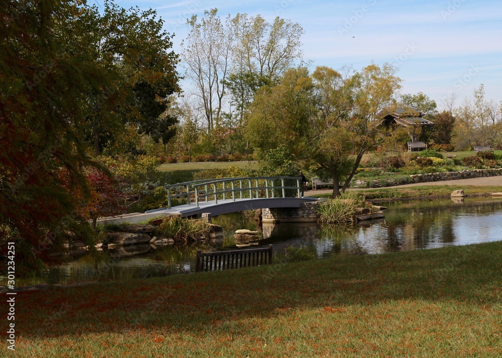 The old wood bridge over the pond in the park.